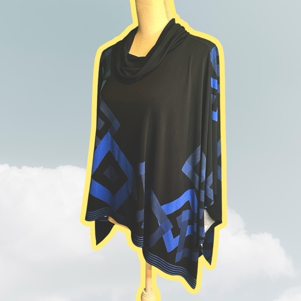 Joseph Ribkoff Navy Blue Geometric Print Jersey Knit Cowl Neck Poncho One Size - Picture 4 of 11